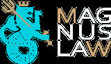 Magnus Law logo featuring turquoise mythical creature with crown and trident next to gold and white text